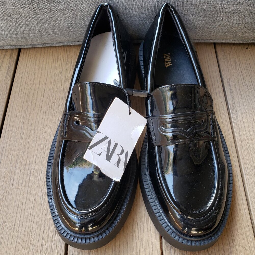 BNWT ZARA faux patent leather elevated penny loafers jet black (7.5) - Picture 2 of 9